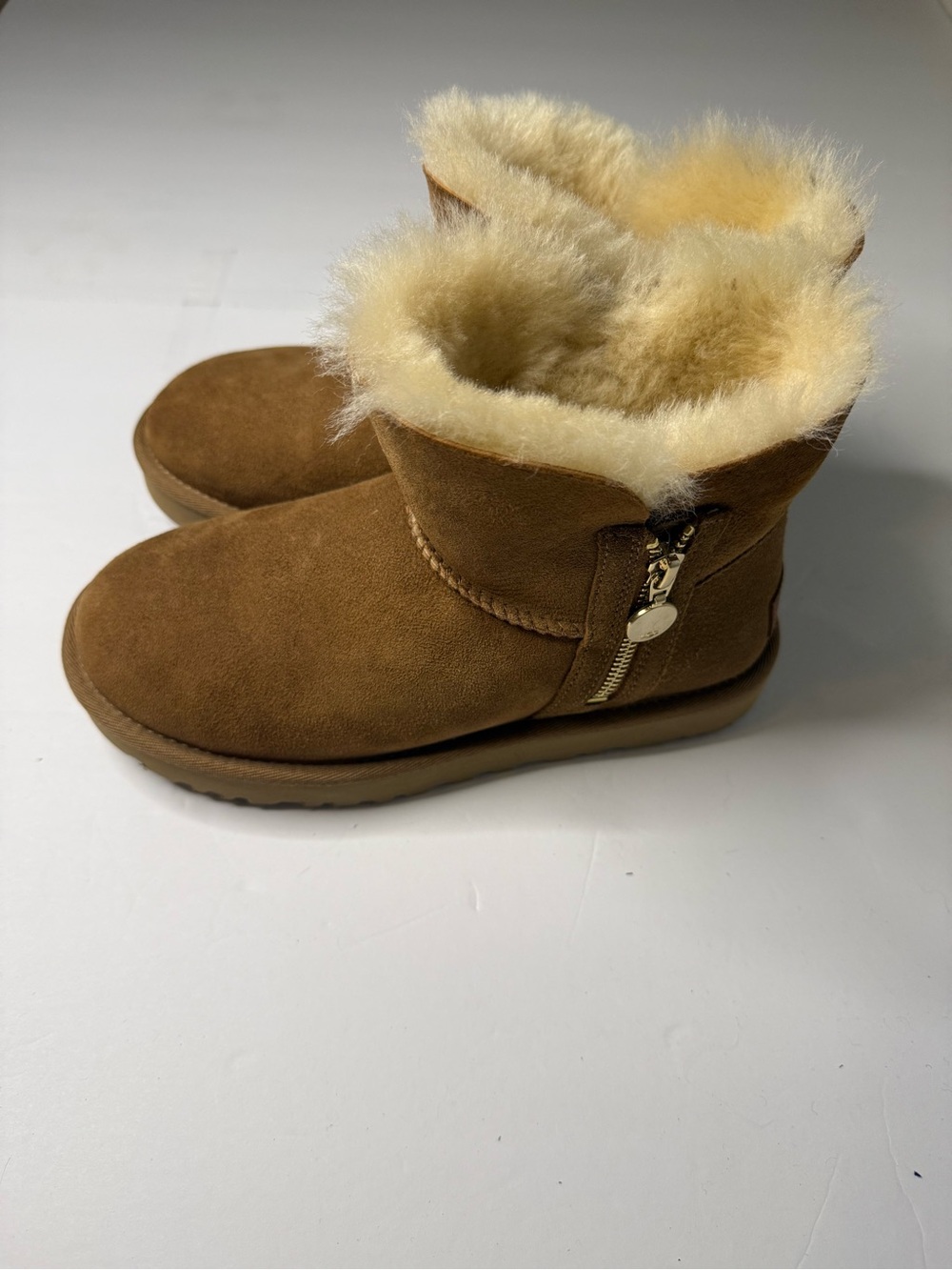 Chestnut Tan Suede Shearling Ankle Boots with Side Zip
